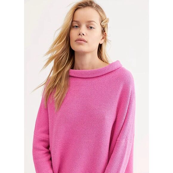 Free People Ottoman Slouchy Tunic Sweater Pink Ribbed Pullover Oversized Medium - Picture 14 of 16